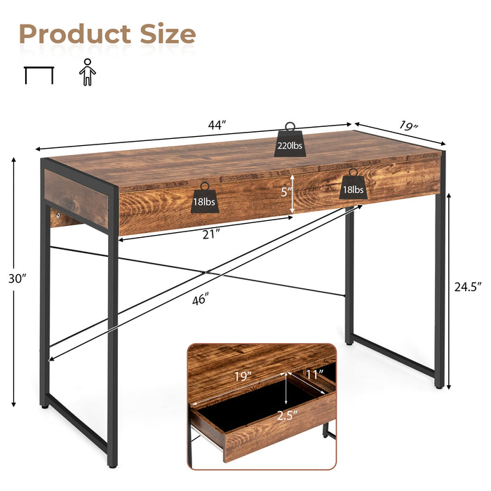 2-Drawer Home Office Desk with Steel Frame-Brown