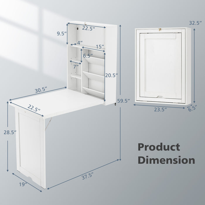 Wall Mounted Fold-Out Convertible Floating Desk Space Saver-White