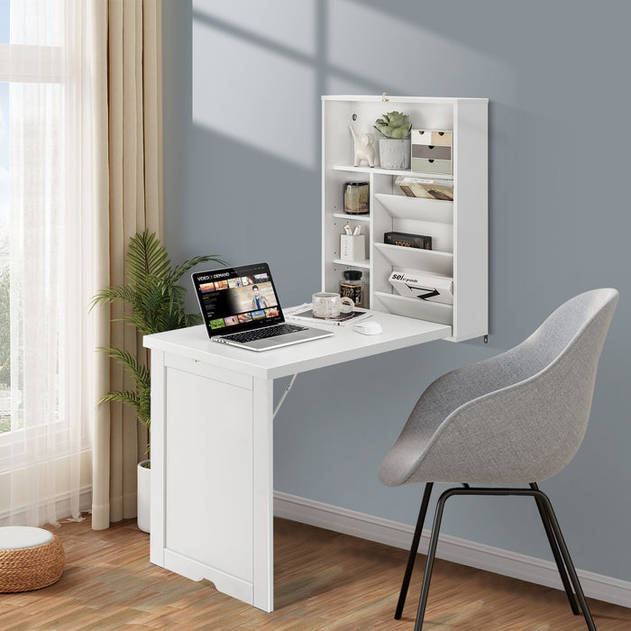 Wall Mounted Fold-Out Convertible Floating Desk Space Saver-White