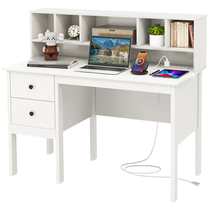 48 Inch Computer Desk with Drawers Power Outlets and 5-Cubby Hutch-White