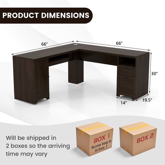 66 Inch L-Shaped Writing Study Workstation Computer Desk with Drawers-Coffee