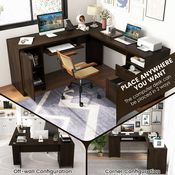 66 Inch L-Shaped Writing Study Workstation Computer Desk with Drawers-Coffee