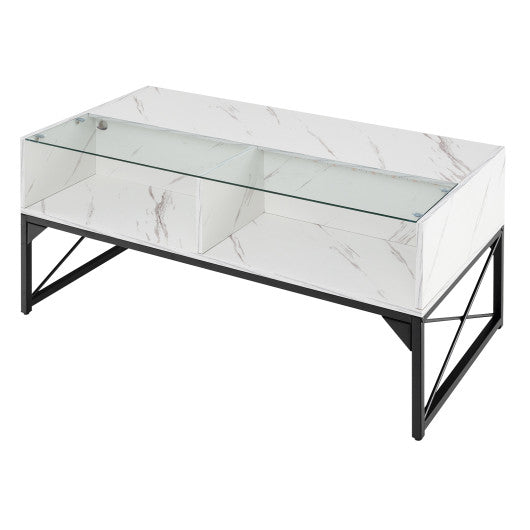 Center Table with Faux Marble and Tempered Glass Top-White