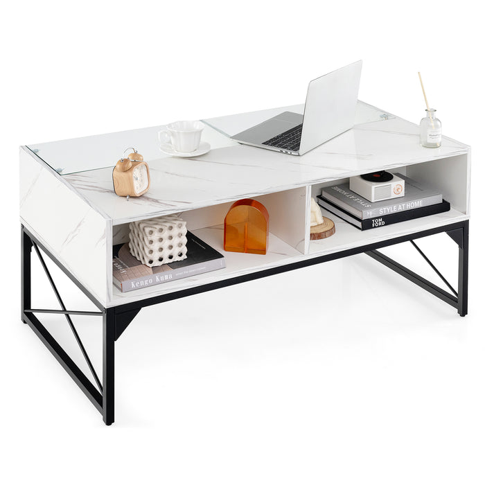 Center Table with Faux Marble and Tempered Glass Top-White