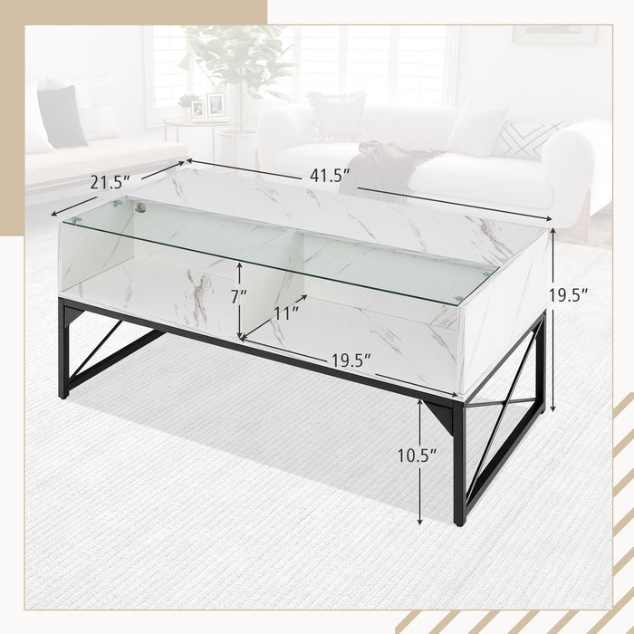 Center Table with Faux Marble and Tempered Glass Top-White