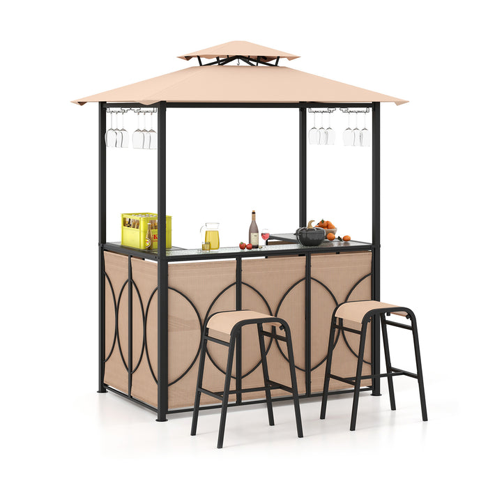 3-Piece Patio Bar Set Grill Gazebo & 2 Bar Stools with Tempered Glass Bar Table-Brown