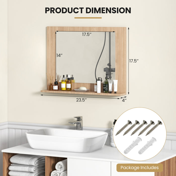 Rectangle Bathroom Mirror with Shelf 23.5 x 17.5 Inch and Wood Frame-Brown