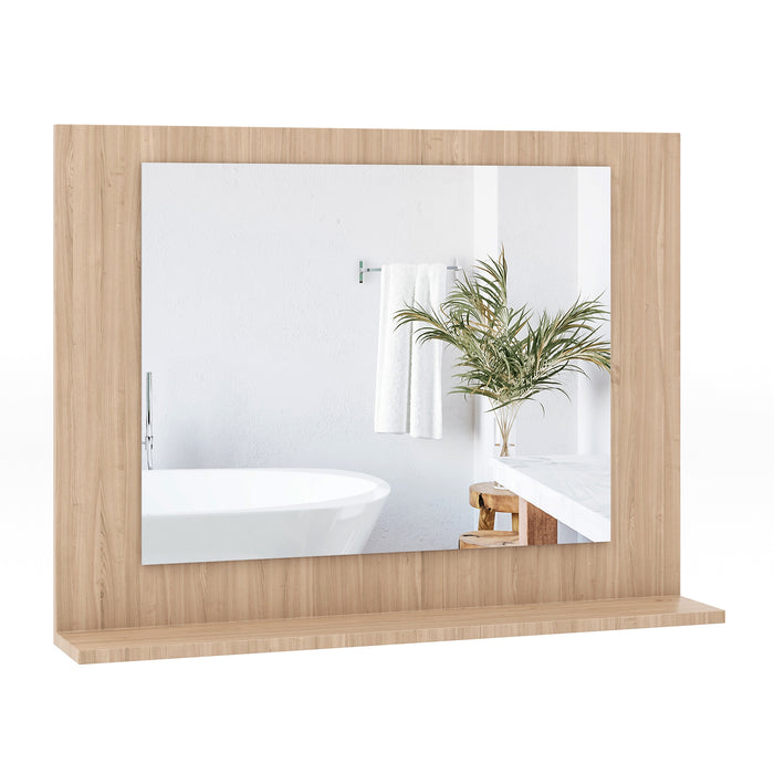 Rectangle Bathroom Mirror with Shelf 23.5 x 17.5 Inch and Wood Frame-Brown