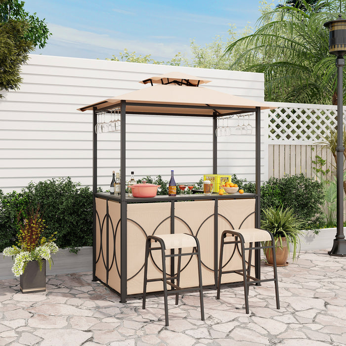 3-Piece Patio Bar Set Grill Gazebo & 2 Bar Stools with Tempered Glass Bar Table-Brown