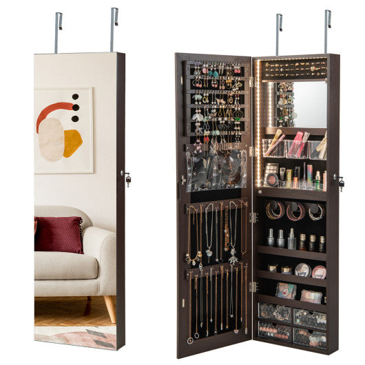 Wall Mounted Jewelry Cabinet with 3-Color Lights-Brown