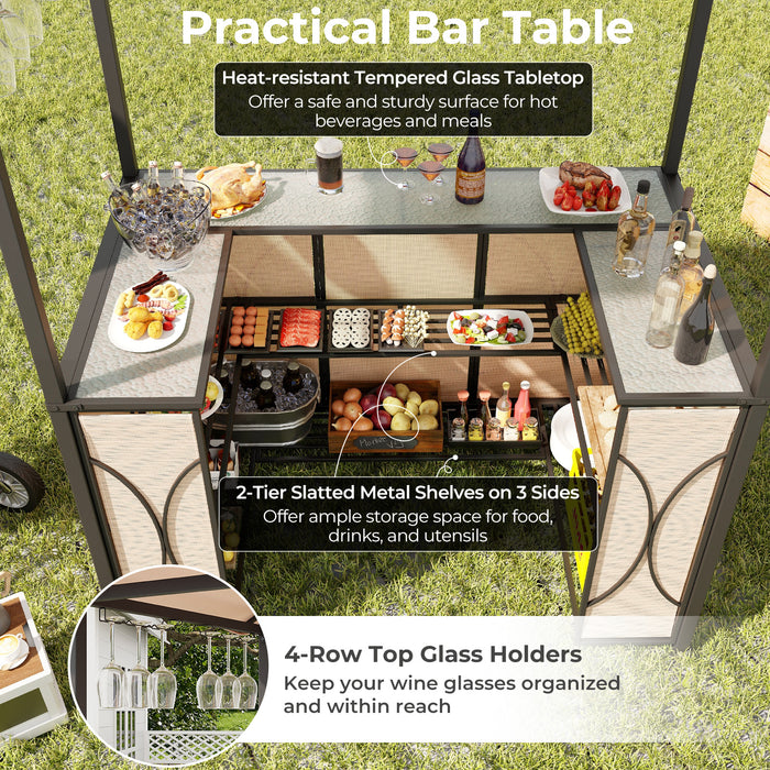 3-Piece Patio Bar Set Grill Gazebo & 2 Bar Stools with Tempered Glass Bar Table-Brown