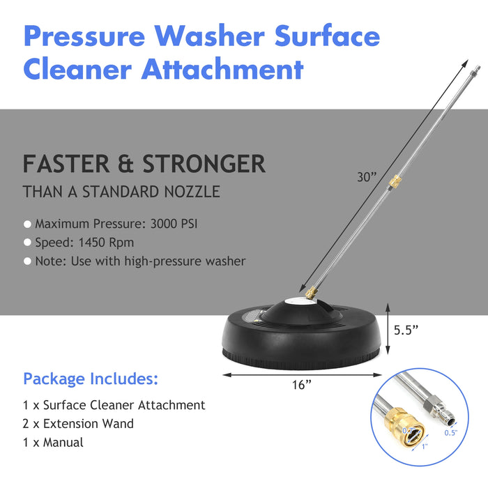 16 Inch Pressure Washer with 2 Spray Nozzles and 1/4-inch Quick-connect Extension Wands