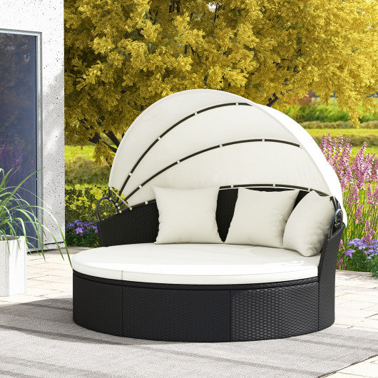 Clamshell Patio Round Daybed Wicker with Retractable Canopy and Pillows-Off White