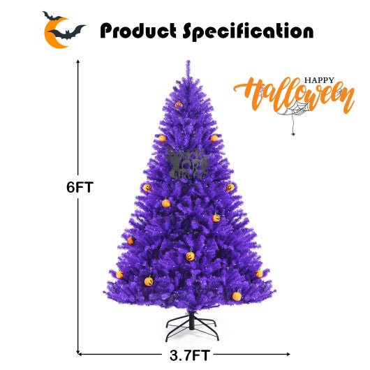 Artificial Prelit Purple Halloween Tree with Orange Lights and Pumpkin Ornaments-6'