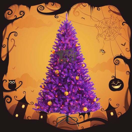 Artificial Prelit Purple Halloween Tree with Orange Lights and Pumpkin Ornaments-6'