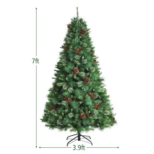 7 Feet Unlit Hinged PVC Artificial Christmas Pine Tree with Red Berries