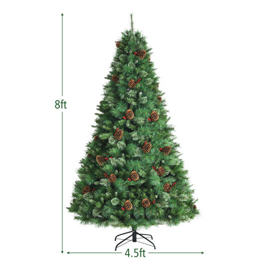 8 Feet Unlit Hinged PVC Artificial Christmas Pine Tree with Red Berries