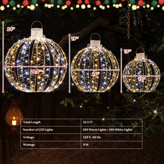 3 Pack Christmas LED Light Balls with Cable Ties and 6 Stakes-Golden