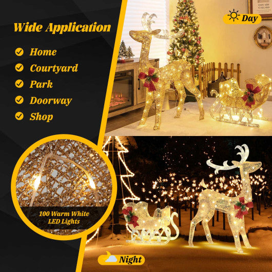 Christmas Reindeer Sleigh Decoration with 100 Lights-Golden