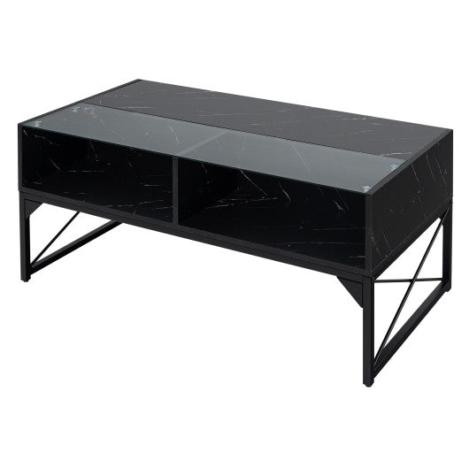 Center Table with Faux Marble and Tempered Glass Top-Black