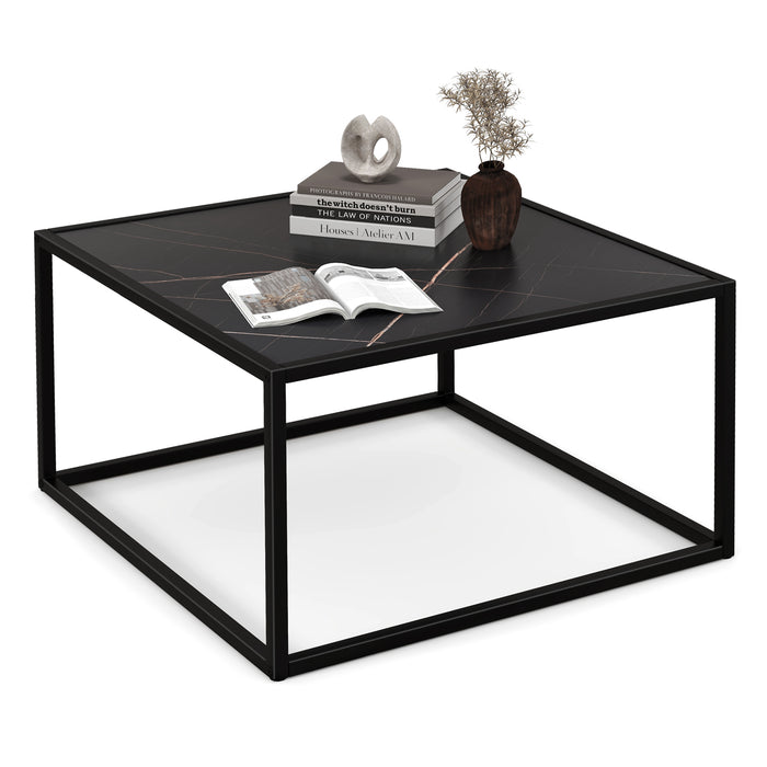 Modern Glass Square Coffee Table with Metal Frame for Living Room-Black