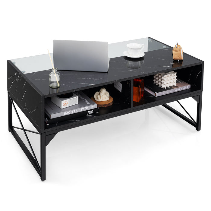 Center Table with Faux Marble and Tempered Glass Top-Black