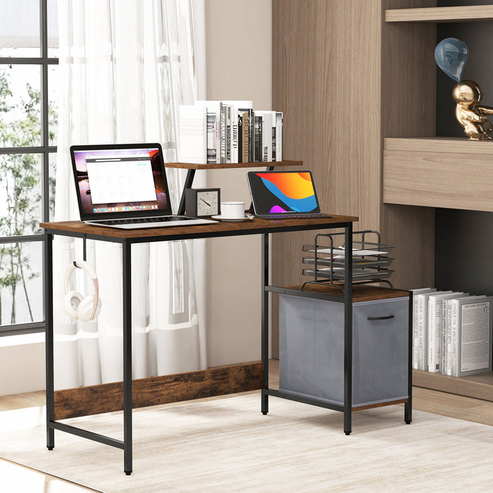 Computer Desk with Reversible Storage Drawer and Moveable Shelf-Brown