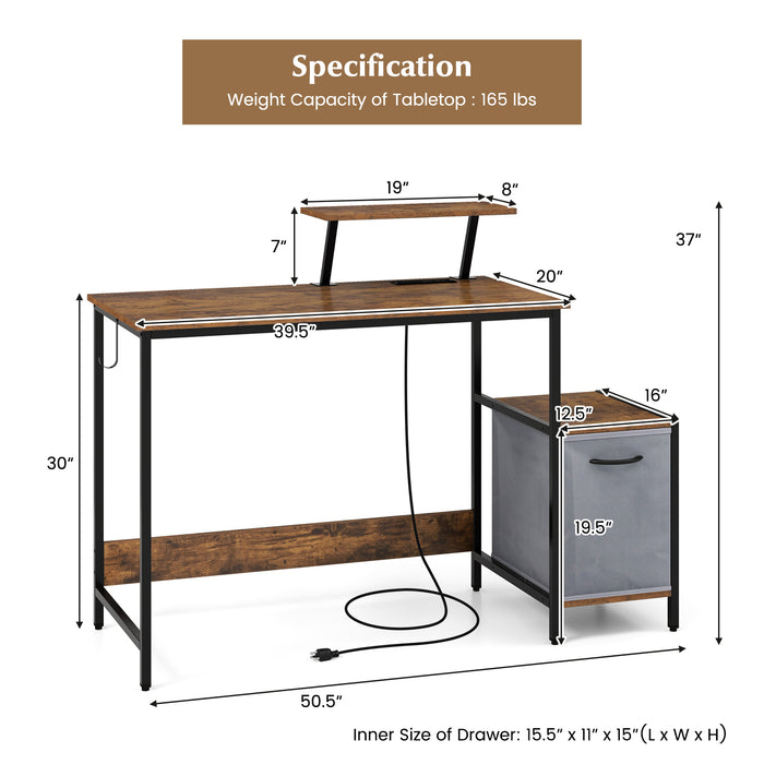 Computer Desk with Reversible Storage Drawer and Moveable Shelf-Brown