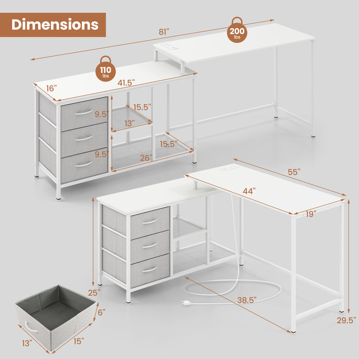 L-shaped Computer Desk with Power Outlet for Working Studying Gaming-White