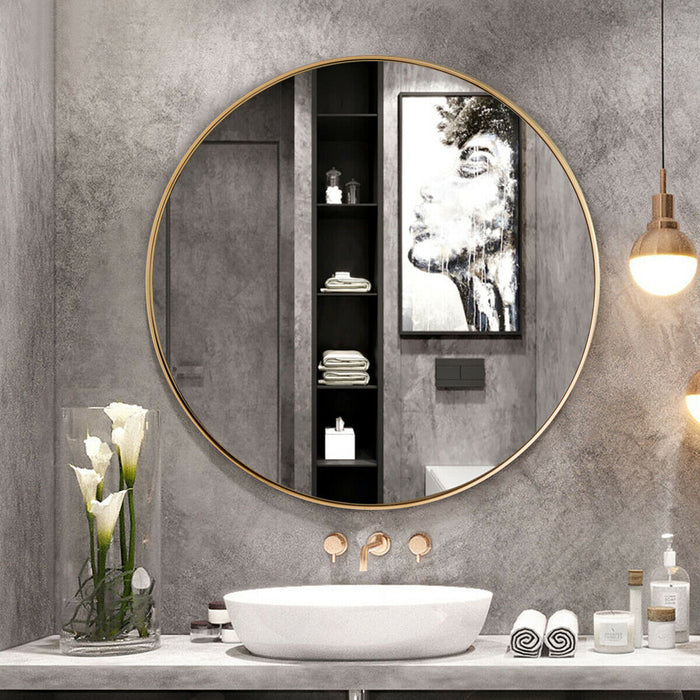 27.5 Inch Modern Metal Wall-Mounted Round Mirror for Bathroom-Golden