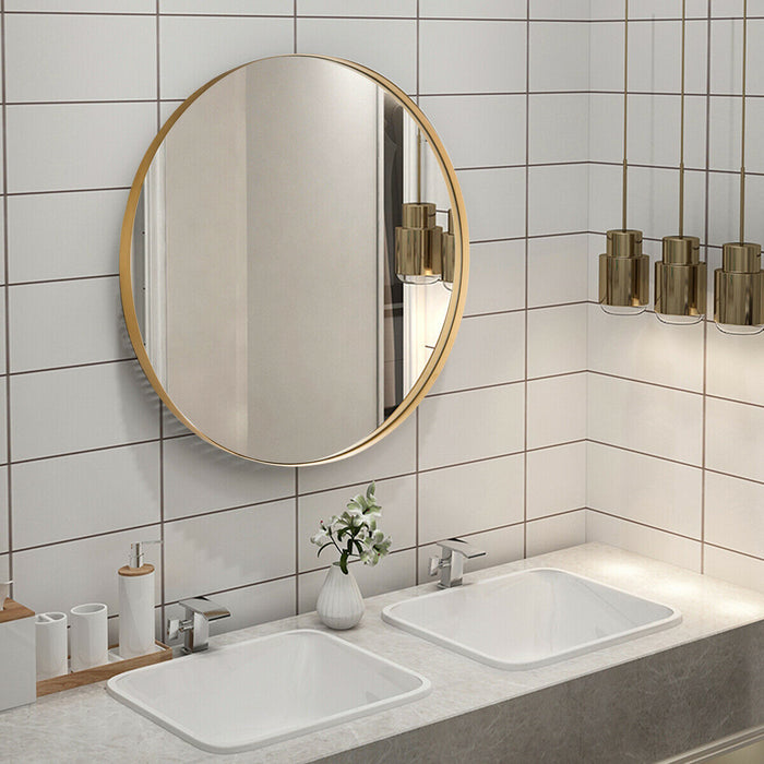 27.5 Inch Modern Metal Wall-Mounted Round Mirror for Bathroom-Golden