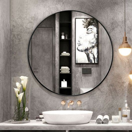 27.5 Inch Modern Metal Wall-Mounted Round Mirror for Bathroom-Black