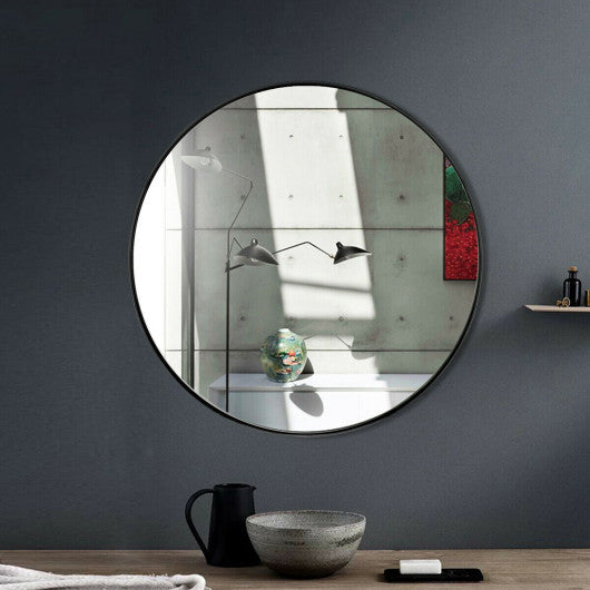 27.5 Inch Modern Metal Wall-Mounted Round Mirror for Bathroom-Black