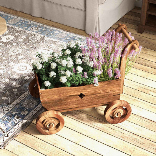 Decorative Wooden Wagon Cart with Handle Wheels and Drainage Hole-Rustic Brown