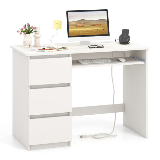 Computer Desk with Power Outlet Keyboard Tray and 3 Large Drawers-White