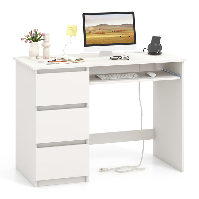 Computer Desk with Power Outlet Keyboard Tray and 3 Large Drawers-White