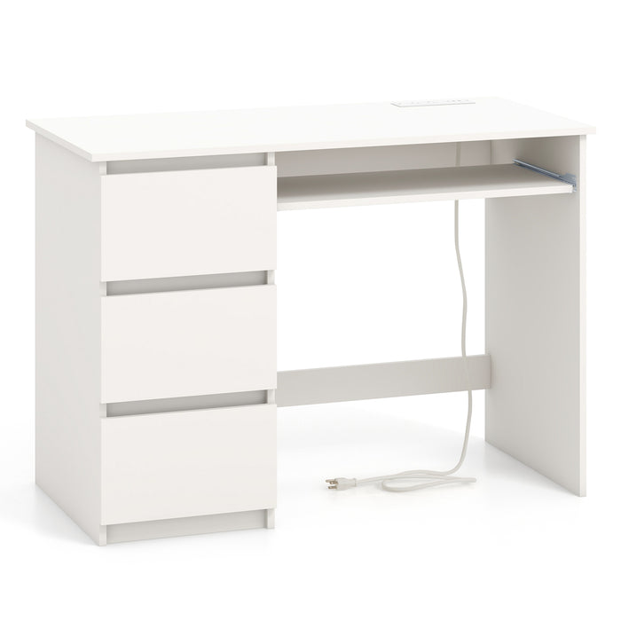 Computer Desk with Power Outlet Keyboard Tray and 3 Large Drawers-White