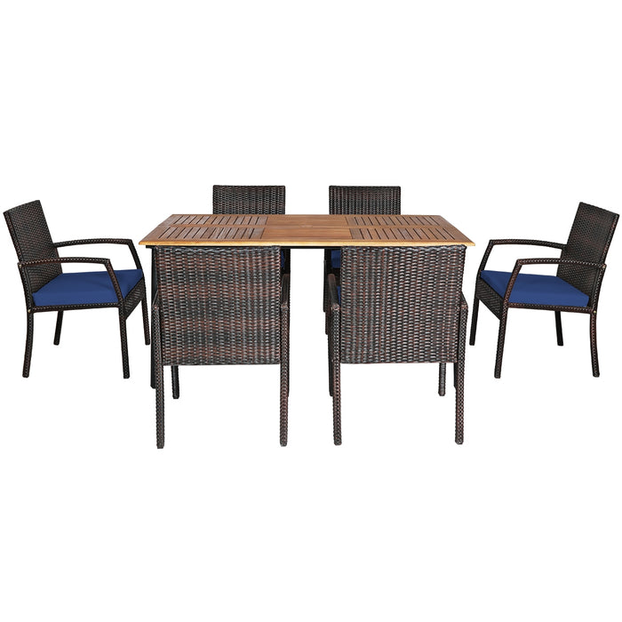 7Pcs Patio Rattan Cushioned Dining Set with Umbrella Hole-Navy