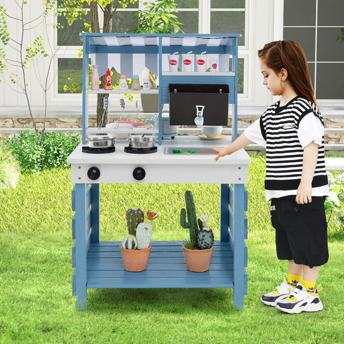 Double-sided Wooden Play Kitchen and Grocery Stand with Stoves for Kids 3+ Years Old