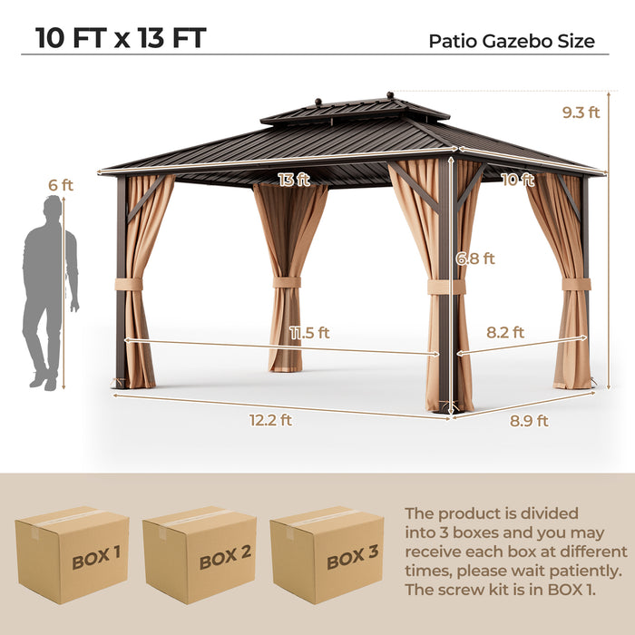 10x13ft Double-Roof Patio Hardtop Gazebo with Galvanized Steel Roof Netting and Curtains-Coffee