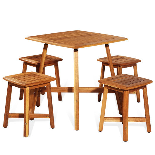 5 Pieces Wood Patio Dining Set with Square Table and 4 Stools