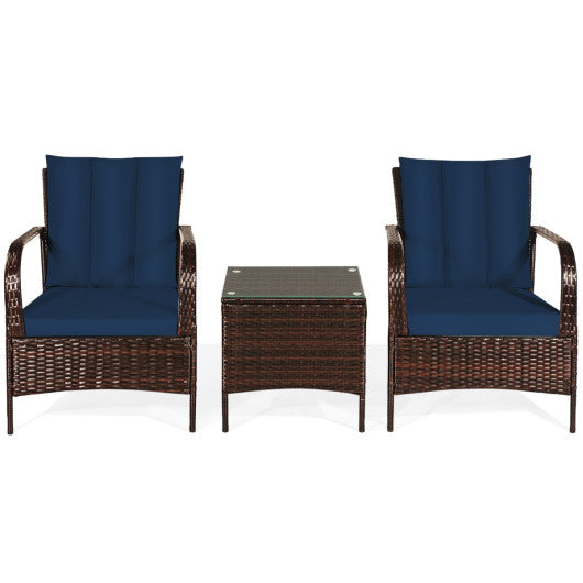 3 Pcs Patio Conversation Rattan Furniture Set with Glass Top Coffee Table and Cushions-Navy