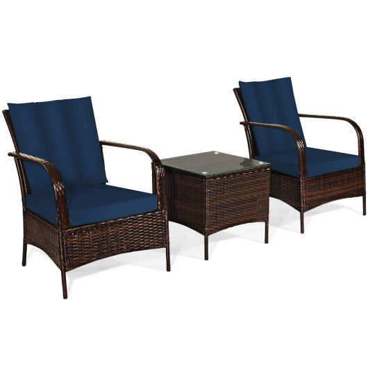 3 Pcs Patio Conversation Rattan Furniture Set with Glass Top Coffee Table and Cushions-Navy