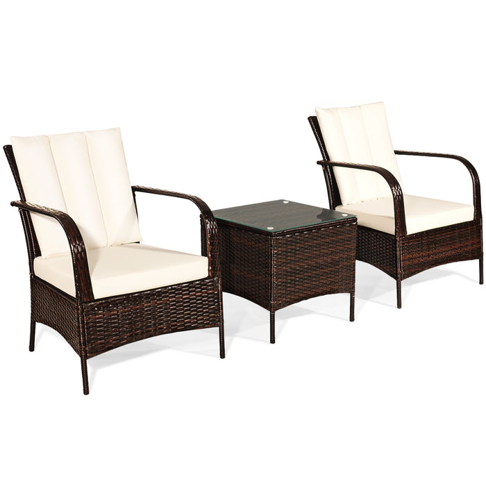 3 Pcs Patio Conversation Rattan Furniture Set with Glass Top Coffee Table and Cushions-White