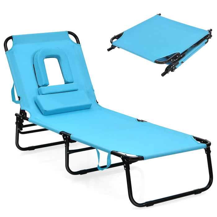 Outdoor Folding Chaise Beach Pool Patio Lounge Chair Bed with Adjustable Back and Hole-Turquoise