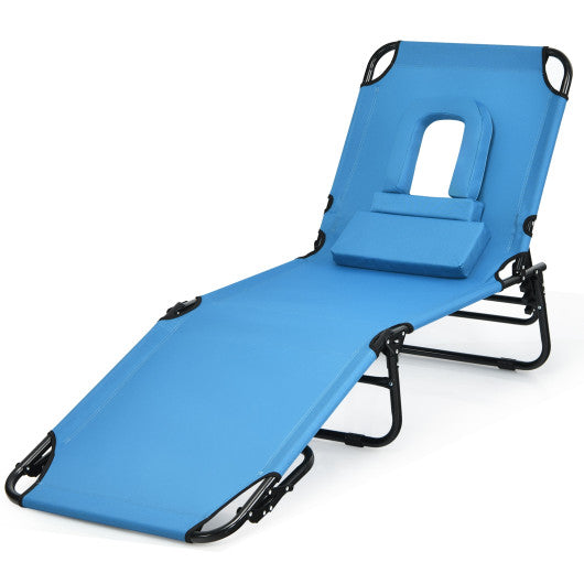 Outdoor Folding Chaise Beach Pool Patio Lounge Chair Bed with Adjustable Back and Hole-Blue