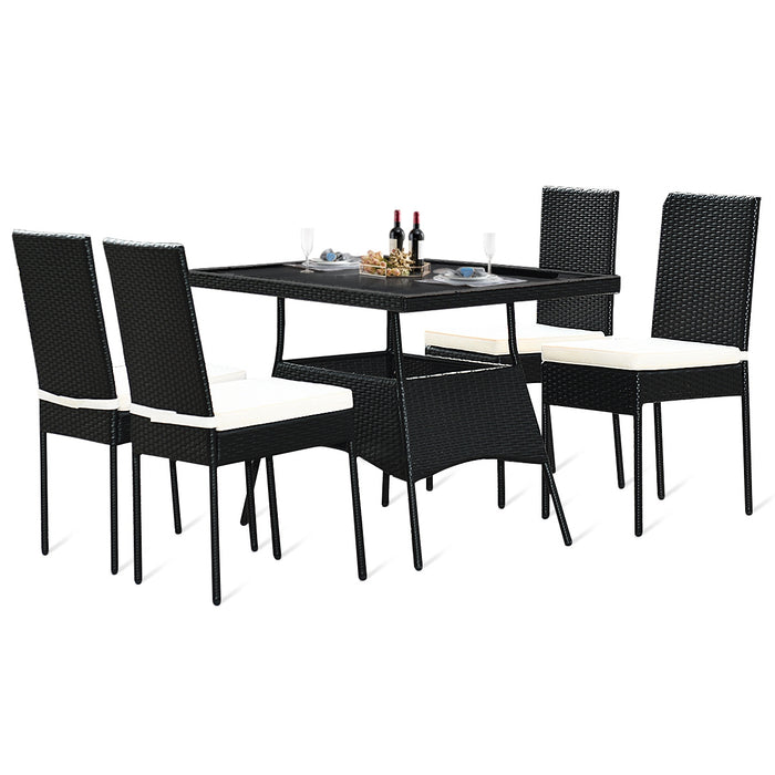 5 Pieces Outdoor Patio Rattan Dining Set with Glass Top with Cushions