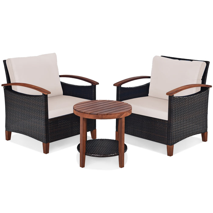 3 Pieces Patio Rattan Furniture Set with Washable Cushion and Acacia Wood Tabletop-Beige