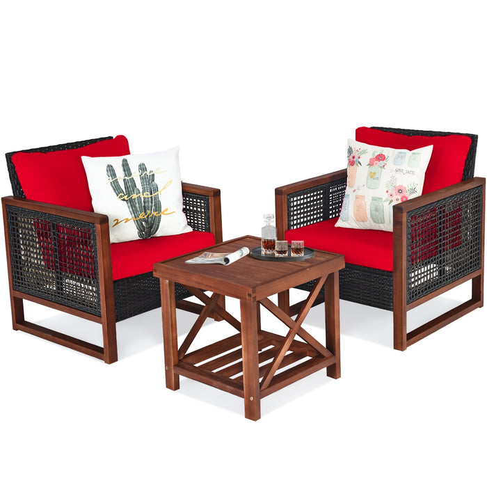 3 Pieces Acacia Wood Patio Furniture Set with Coffee Table-Red