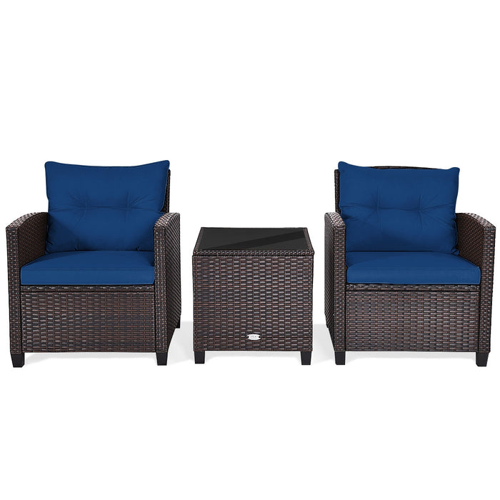 3 Pcs Patio Rattan Furniture Set Cushioned Conversation Set Coffee Table-Navy